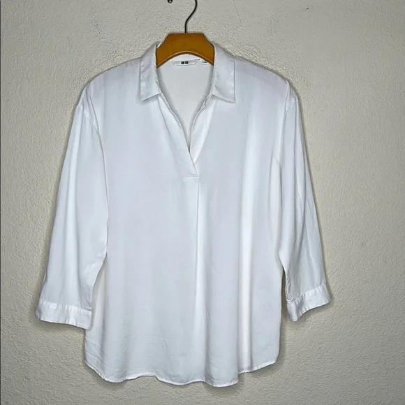 Uniqlo Minimalist Popover 3/4 Sleeve Top White Size Large Preppy Classic Capsule - Picture 2 of 7